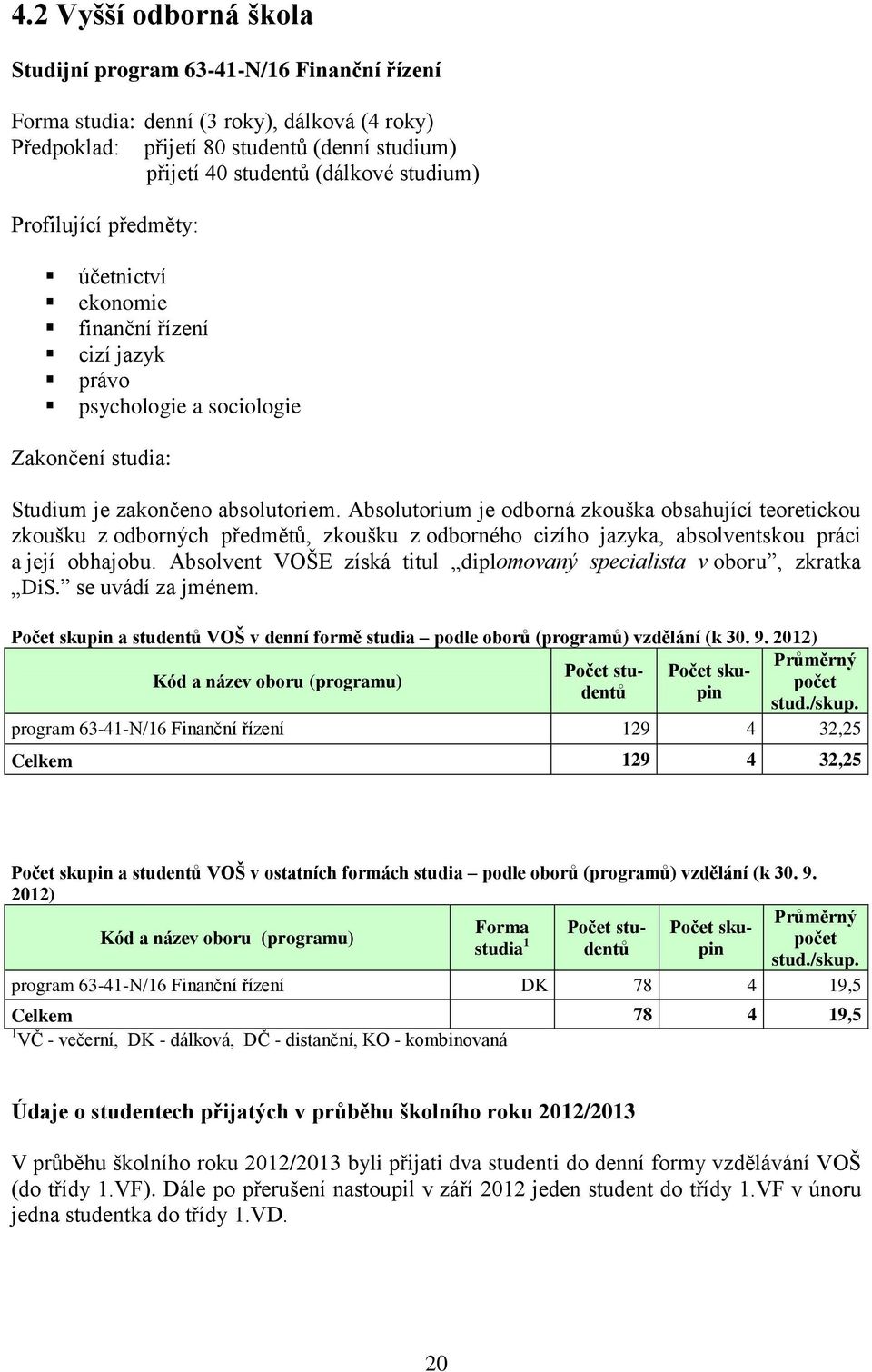 Absolutorium je odborná zkouška obsahující teoretickou zkoušku z odborných předmětů, zkoušku z odborného cizího jazyka, absolventskou práci a její obhajobu.