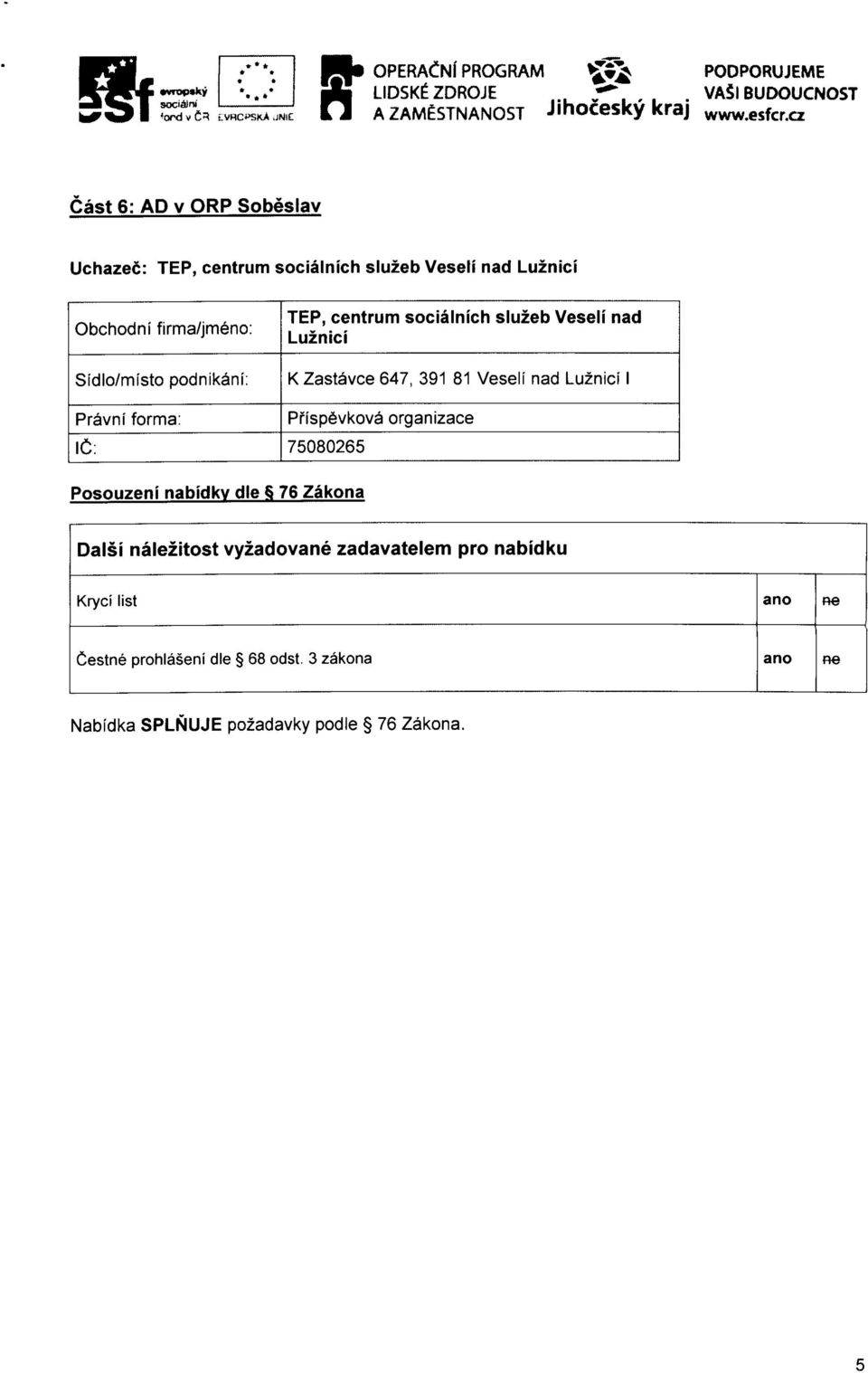 cz Cast 6: AD v ORP Sobeslav Uchazec: TEP, centrum socialnich sluzeb Veseli nad Luznici Sidlo/mfsto