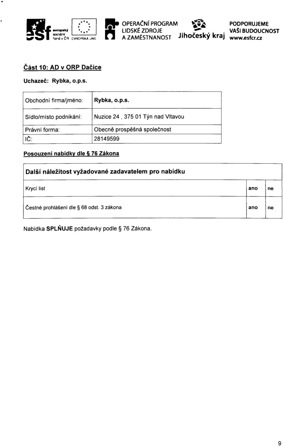 cz Cast 10: AD v ORP Dacice Uchazec: Rybka, o.p.s. Obchodni firma/jm6no: Sfdlo/misto podnik^ni: Rybka, o.