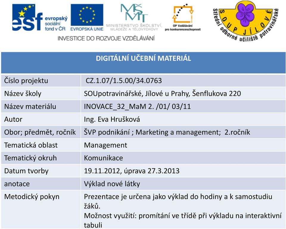 Eva Hrušková Obor; předmět, ročník ŠVP podnikání; Marketing a management; 2.