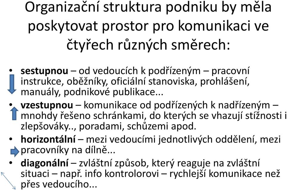 .. vzestupnou komunikace od podřízených k nadřízeným mnohdy řešeno schránkami, do kterých se vhazují stížnosti i zlepšováky.., poradami, schůzemi apod.