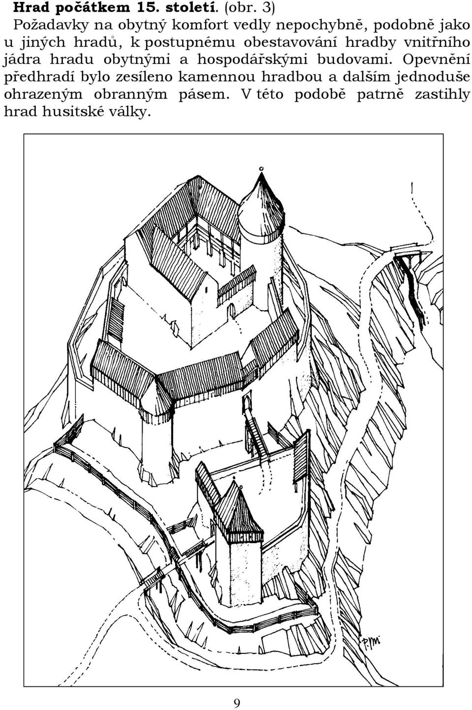 postupnému obestavování hradby vnitřního jádra hradu obytnými a hospodářskými budovami.