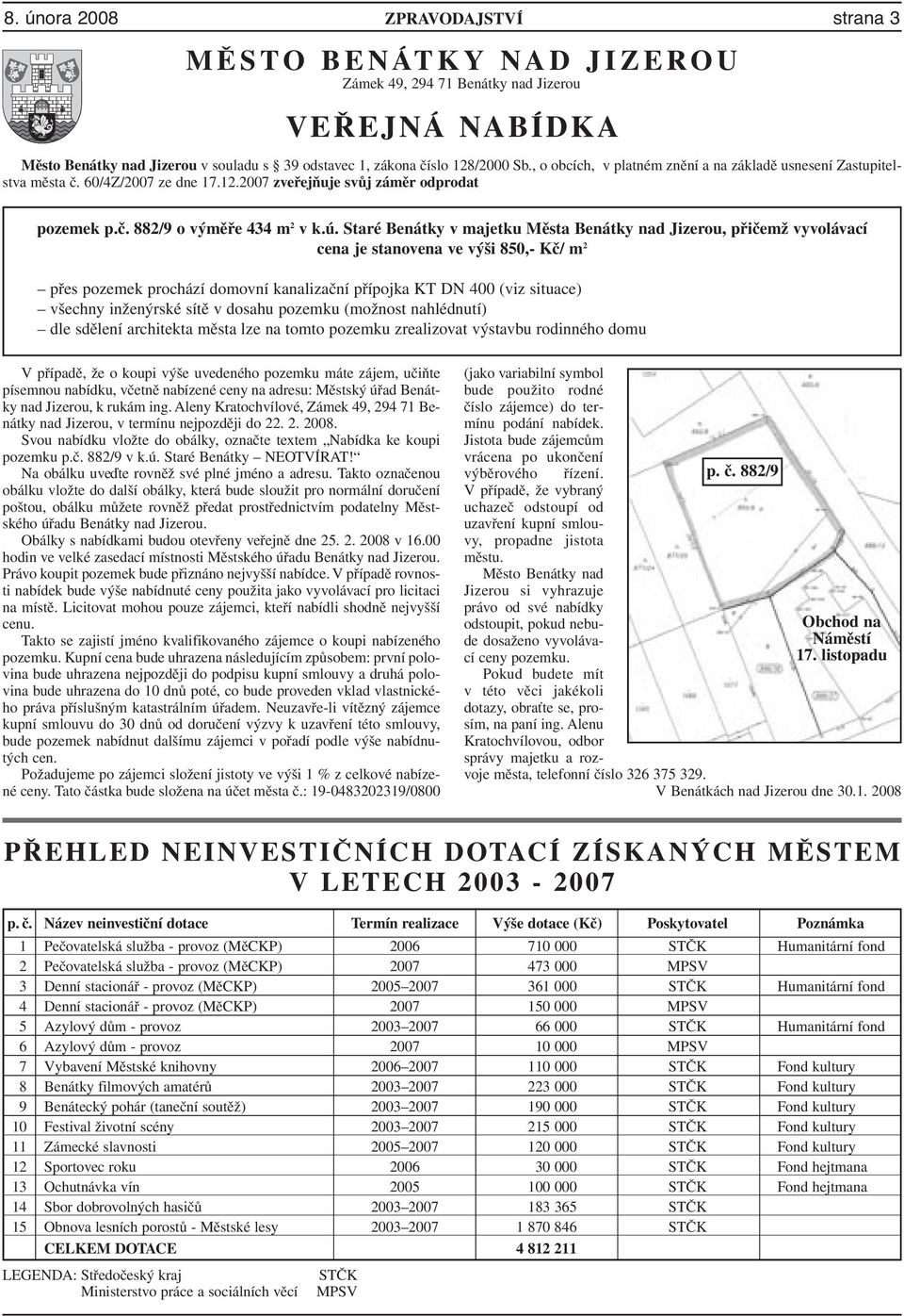 Staré Benátky v majetku Města Benátky nad Jizerou, přičemž vyvolávací cena je stanovena ve výši 850,- Kč/ m 2 přes pozemek prochází domovní kanalizační přípojka KT DN 400 (viz situace) všechny