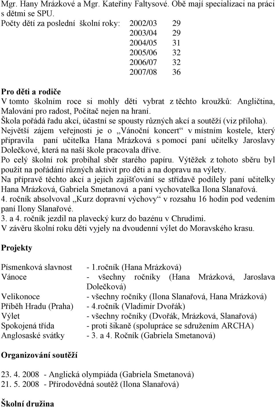 Malování pro radost, Počítač nejen na hraní. Škola pořádá řadu akcí, účastní se spousty různých akcí a soutěţí (viz příloha).