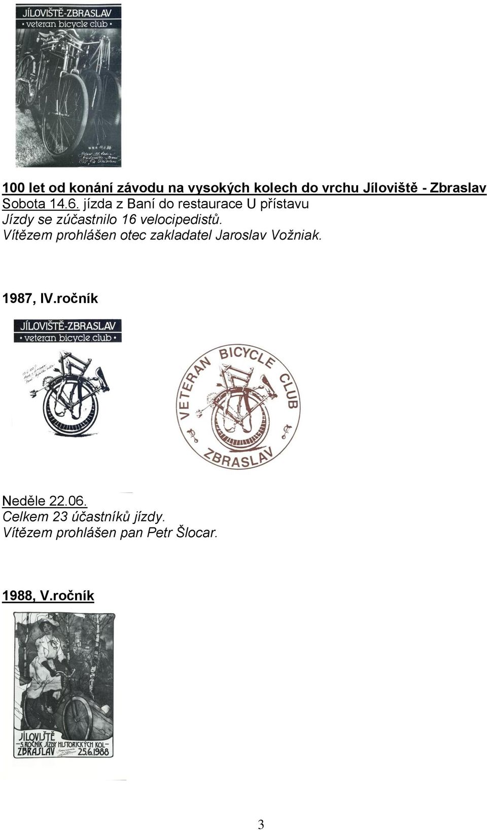Vítězem prohlášen otec zakladatel Jaroslav Vožniak. 1987, IV.ročník Neděle 22.06.