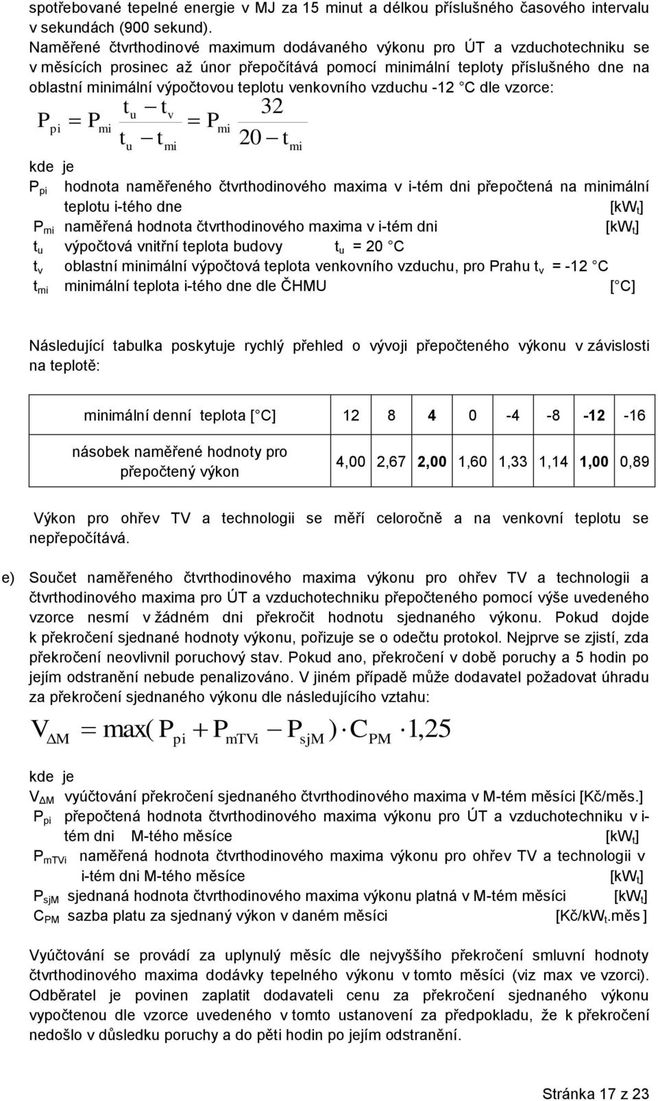 venkovního vzduchu -12 C dle vzorce: P pi P mi t t u u t t v mi P mi 32 20 t mi kde je P pi hodnota naměřeného čtvrthodinového maxima v i-tém dni přepočtená na minimální teplotu i-tého dne [kw t ] P