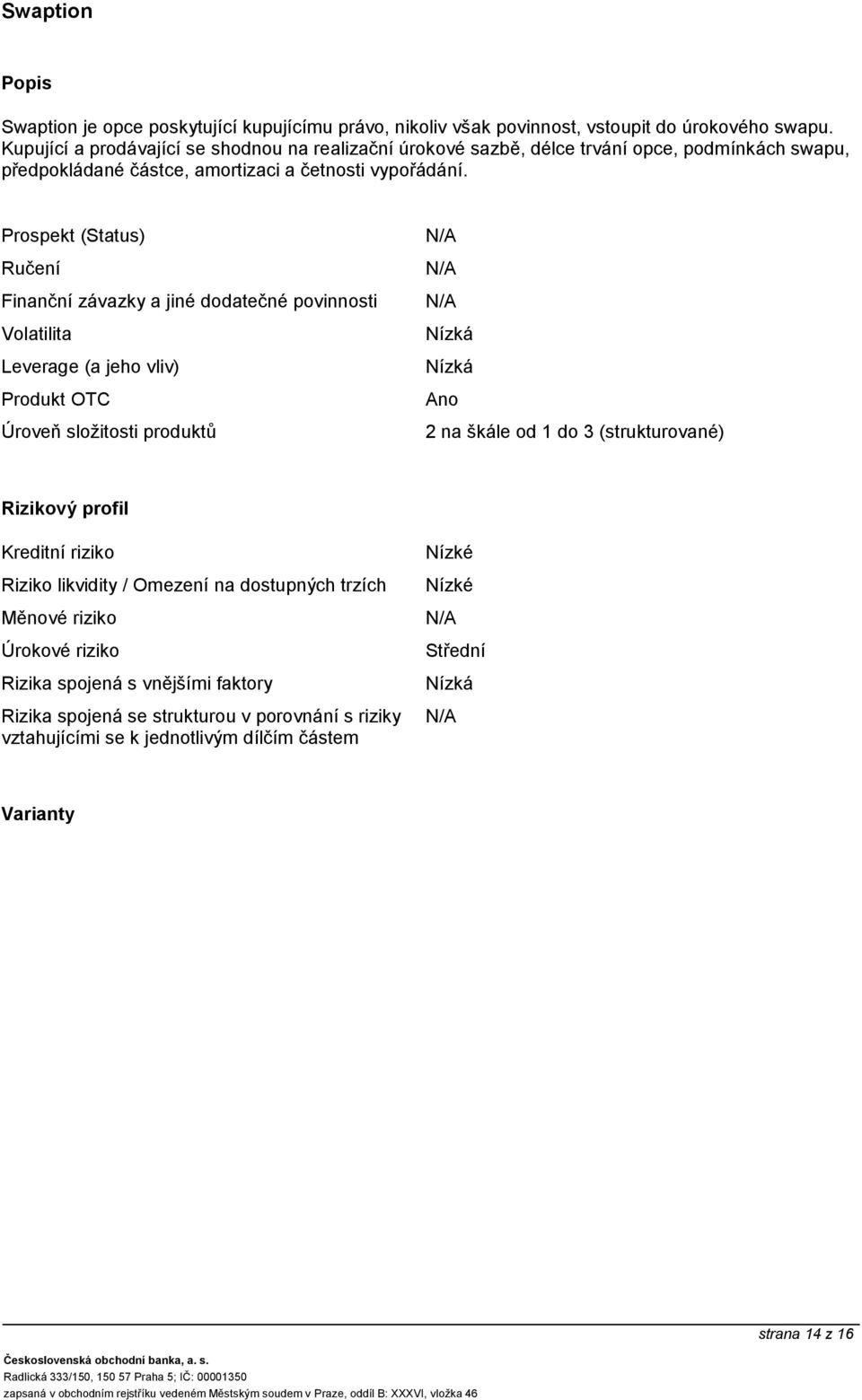 Prospekt (Status) Ručení Finanční závazky a jiné dodatečné povinnosti Leverage (a jeho vliv) Produkt OTC Úroveň složitosti produktů Ano 2 na škále od 1 do 3