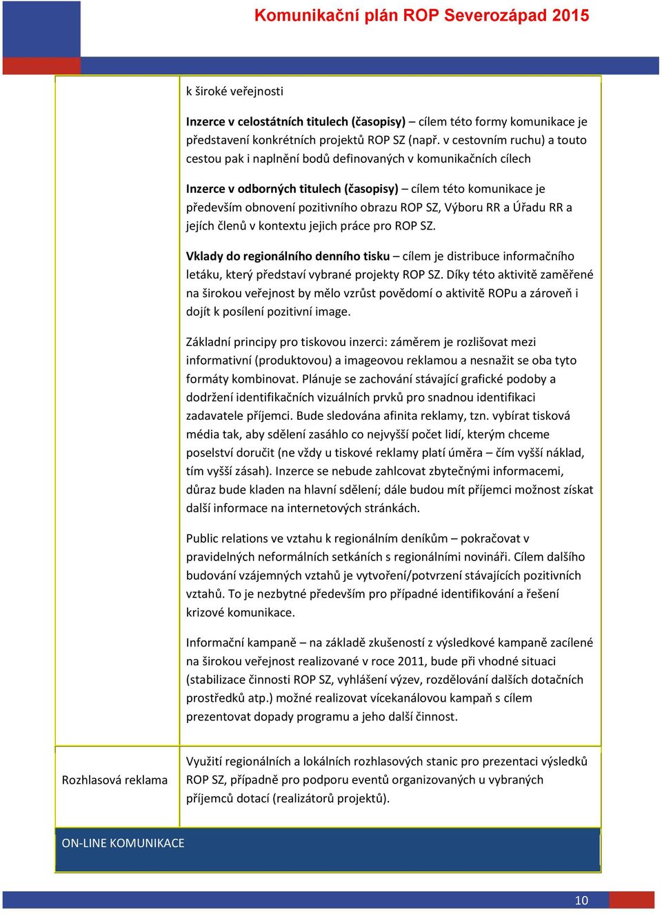 SZ, Výboru RR a Úřadu RR a jejích členů v kontextu jejich práce pro ROP SZ. Vklady do regionálního denního tisku cílem je distribuce informačního letáku, který představí vybrané projekty ROP SZ.