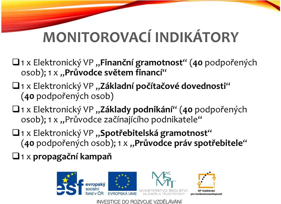 1xElektronický VP Základy podnikání (40podpořených osob); 1x Průvodce začínajícího podnikatele