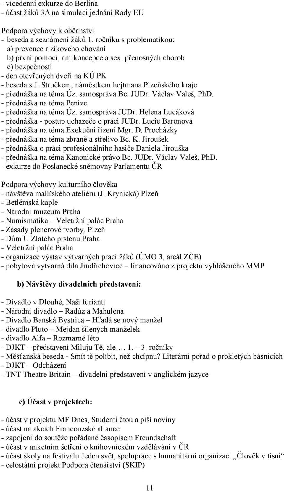 Stručkem, náměstkem hejtmana Plzeňského kraje - přednáška na téma Úz. samospráva Bc. JUDr. Václav Valeš, PhD. - přednáška na téma Peníze - přednáška na téma Úz. samospráva JUDr.