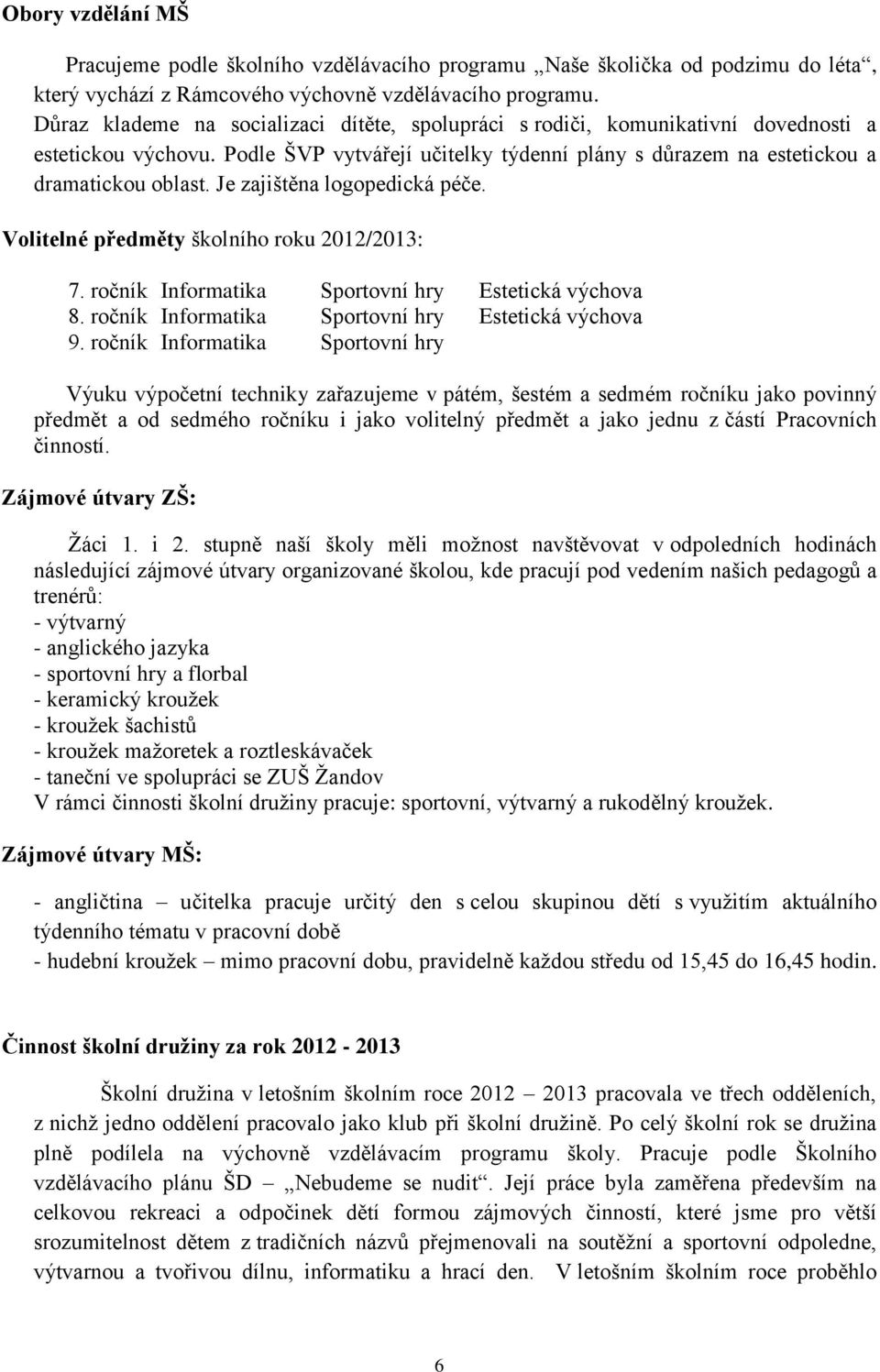 Je zajištěna logopedická péče. Volitelné předměty školního roku 2012/2013: 7. ročník Informatika Sportovní hry Estetická výchova 8. ročník Informatika Sportovní hry Estetická výchova 9.