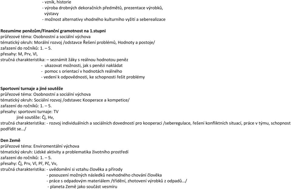 přesahy: M, Prv, Vl, stručná charakteristika: seznámit žáky s reálnou hodnotou peněz - ukazovat možnosti, jak s penězi nakládat - pomoc s orientací v hodnotách reálného - vedení k odpovědnosti, ke