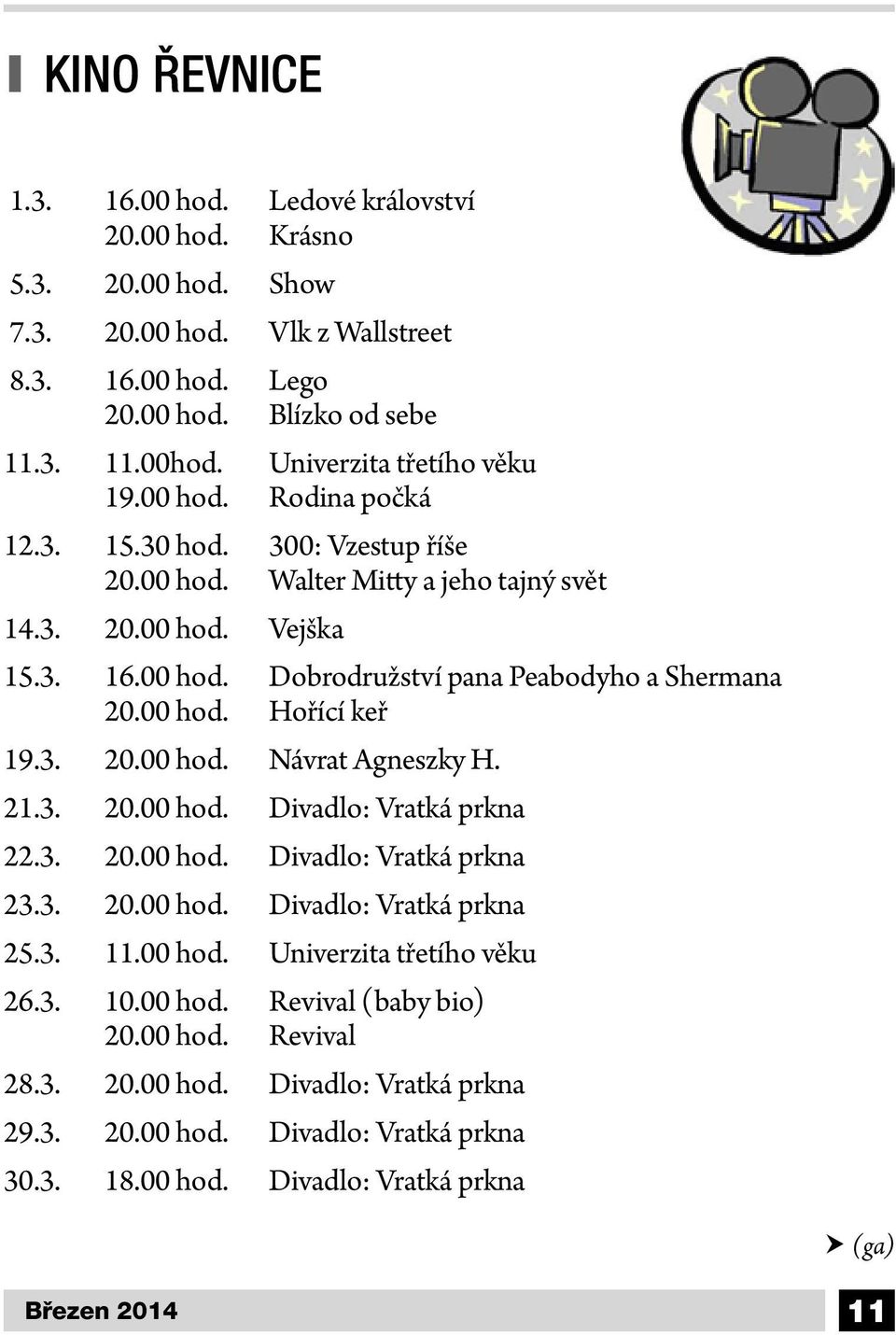 00 hod. Hořící keř 19.3. 20.00 hod. Návrat Agneszky H. 21.3. 20.00 hod. Divadlo: Vratká prkna 22.3. 20.00 hod. Divadlo: Vratká prkna 23.3. 20.00 hod. Divadlo: Vratká prkna 25.3. 11.00 hod. Univerzita třetího věku 26.