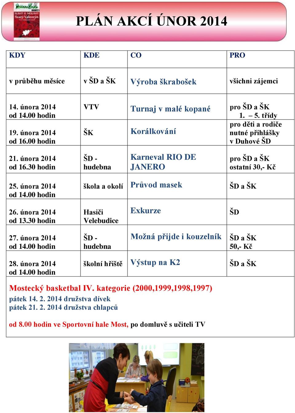 00 hodin škola a okolí Průvod masek ŠD a ŠK 26. února 2014 od 13.30 hodin Hasiči Velebudice Exkurze ŠD 27. února 2014 od 14.00 hodin ŠD - hudebna Možná přijde i kouzelník ŠD a ŠK 50,- Kč 28.