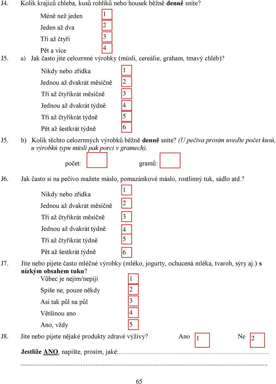 (U pečiva prosím uveďte počet kusů, u výrobků typu müsli pak porci v gramech). počet: gramů: J6. Jak často si na pečivo mažete máslo, pomazánkové máslo, rostlinný tuk, sádlo atd.