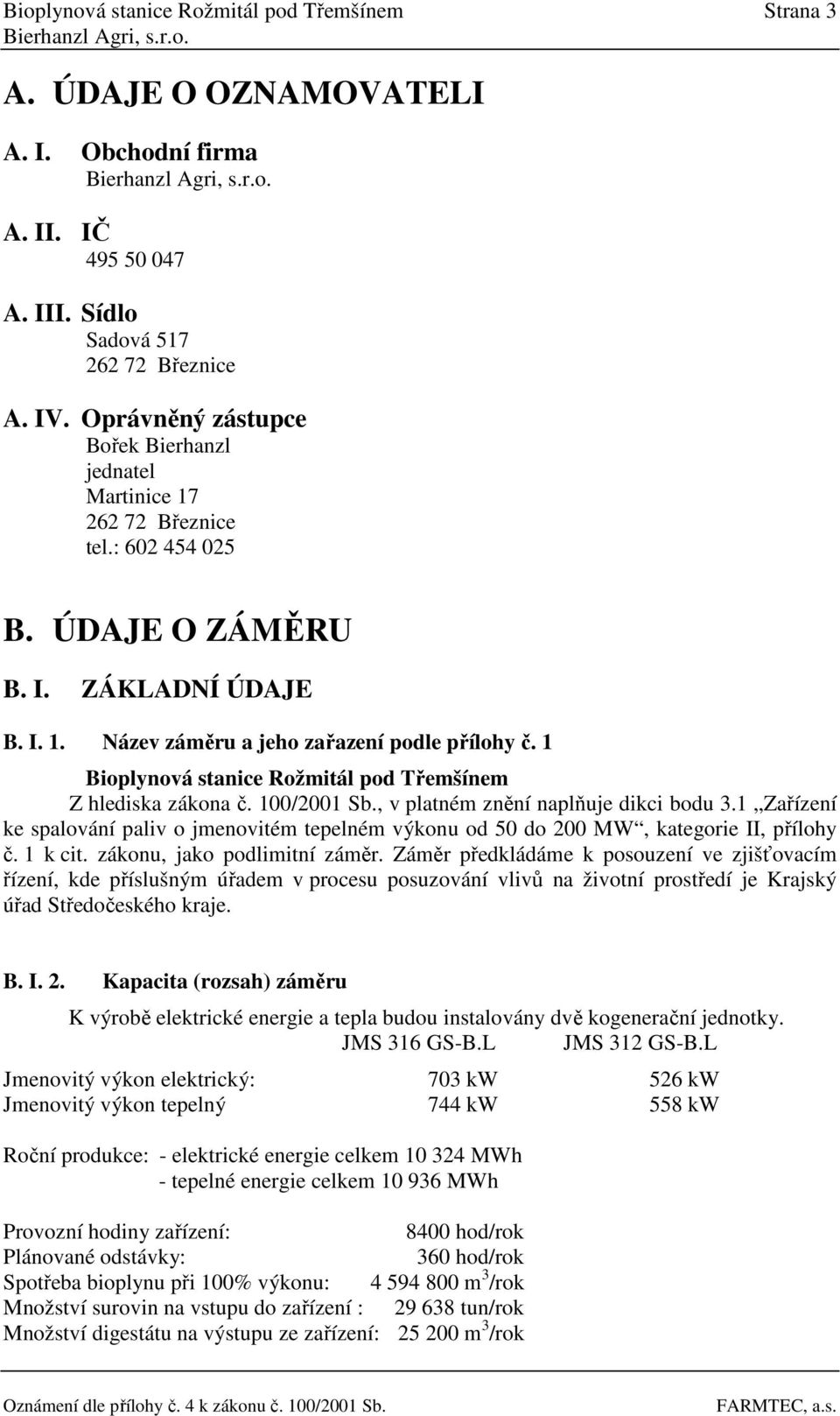 1 Bioplynová stanice Rožmitál pod Třemšínem Z hlediska zákona č. 100/2001 Sb., v platném znění naplňuje dikci bodu 3.
