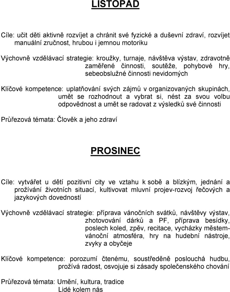 nést za svou volbu odpovědnost a umět se radovat z výsledků své činnosti Průřezová témata: Člověk a jeho zdraví PROSINEC Cíle: vytvářet u dětí pozitivní city ve vztahu k sobě a blízkým, jednání a