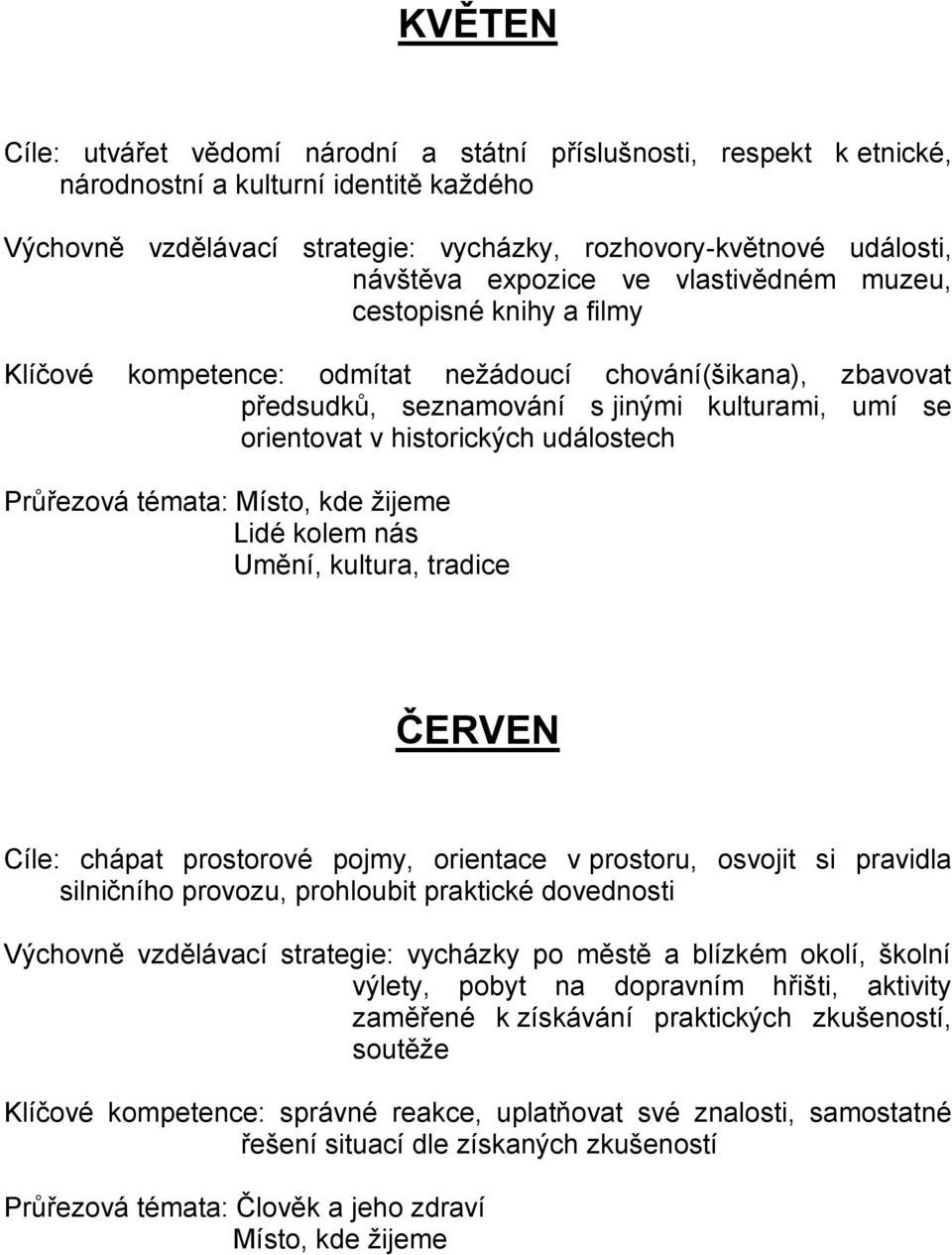 událostech Průřezová témata: Místo, kde žijeme Lidé kolem nás Umění, kultura, tradice ČERVEN Cíle: chápat prostorové pojmy, orientace v prostoru, osvojit si pravidla silničního provozu, prohloubit