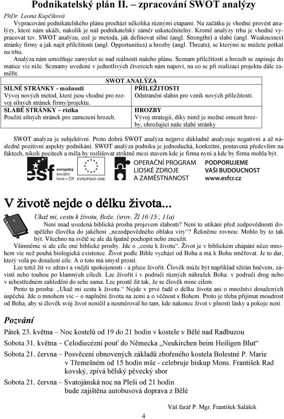 SWOT analýzu, což je metoda, jak definovat silné (angl. Strengths) a slabé (angl. Weaknesses) stránky firmy a jak najít příležitosti (angl. Opportunities) a hrozby (angl.