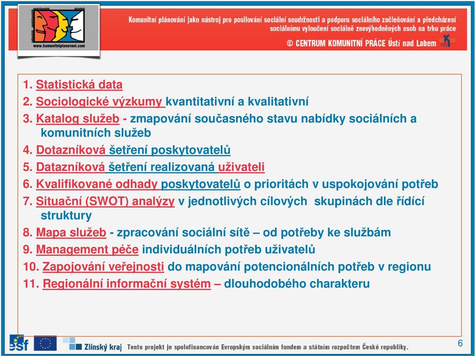 Datazníková šetření realizovaná uživateli 6. Kvalifikované odhady poskytovatelů o prioritách v uspokojování potřeb 7.