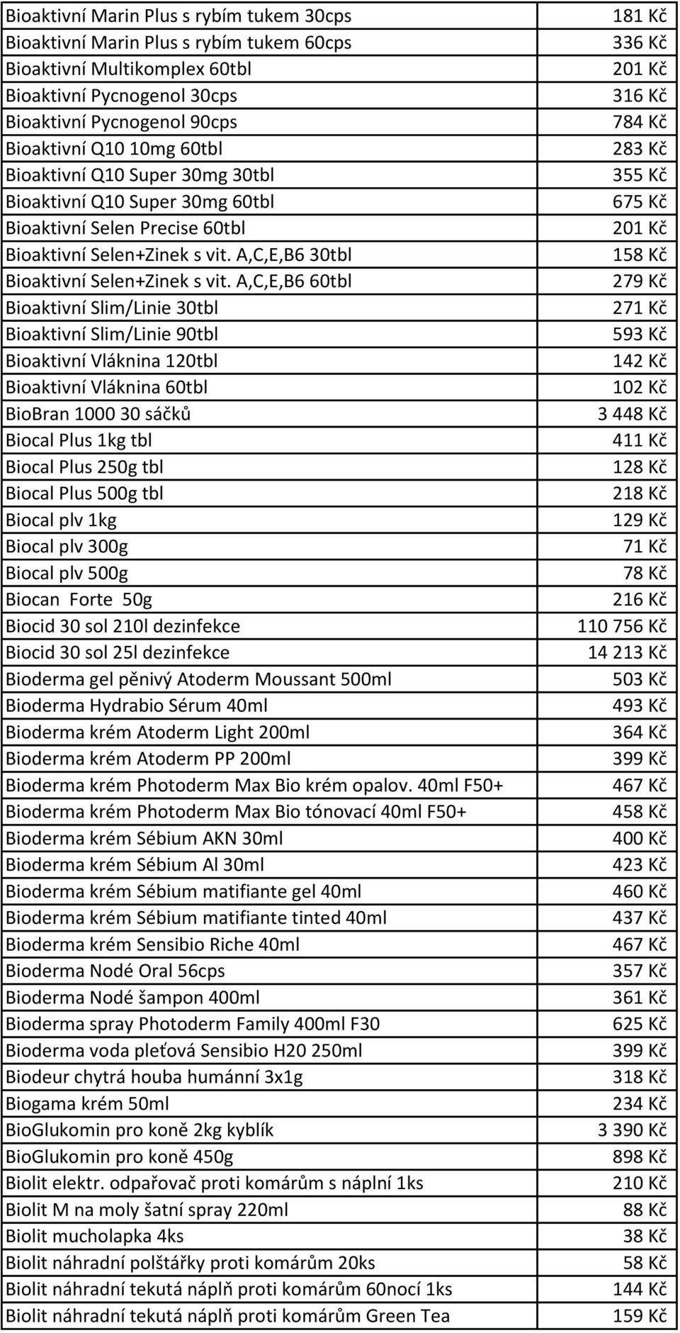 A,C,E,B6 60tbl Bioaktivní Slim/Linie 30tbl Bioaktivní Slim/Linie 90tbl Bioaktivní Vláknina 120tbl Bioaktivní Vláknina 60tbl BioBran 1000 30 sáčků Biocal Plus 1kg tbl Biocal Plus 250g tbl Biocal Plus