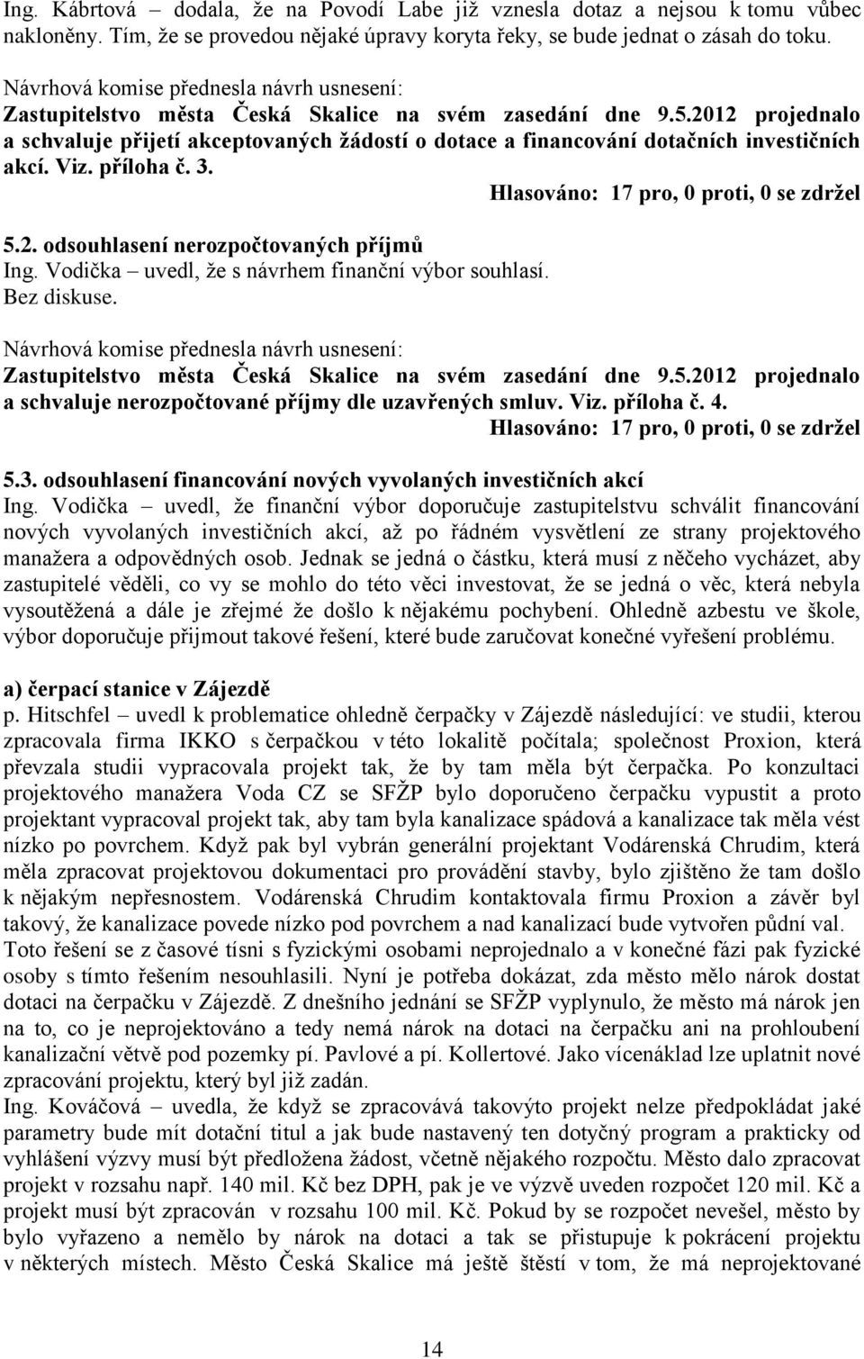 Vodička uvedl, že s návrhem finanční výbor souhlasí. Bez diskuse. a schvaluje nerozpočtované příjmy dle uzavřených smluv. Viz. příloha č. 4. Hlasováno: 17 pro, 0 proti, 0 se zdržel 5.3.