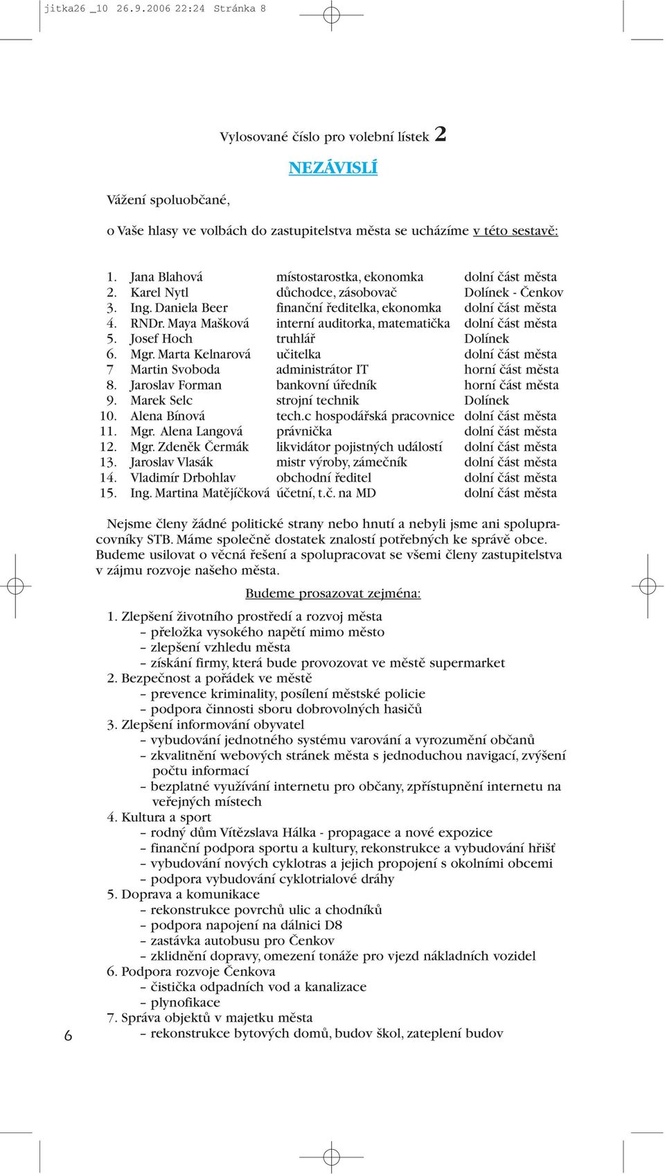 Maya Mašková interní auditorka, matematička dolní část města 5. Josef Hoch truhlář Dolínek 6. Mgr. Marta Kelnarová učitelka dolní část města 7 Martin Svoboda administrátor IT horní část města 8.