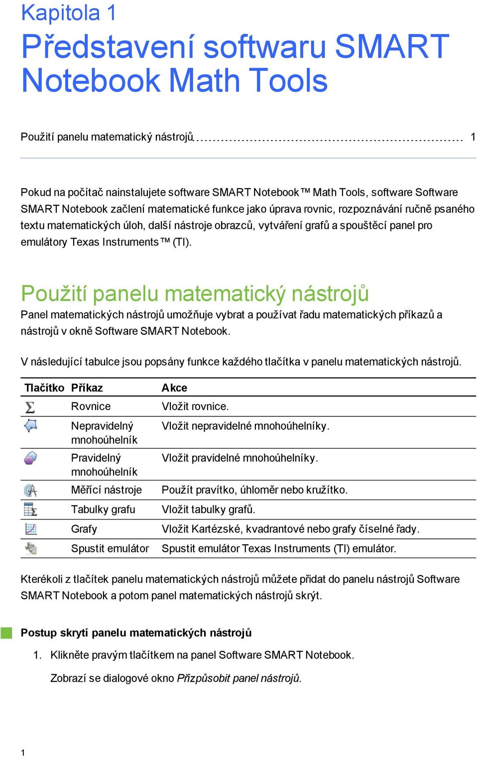 Použití panelu matematický nástrojů Panel matematických nástrojů umožňuje vybrat a používat řadu matematických příkazů a nástrojů v okně Software SMART Notebook.