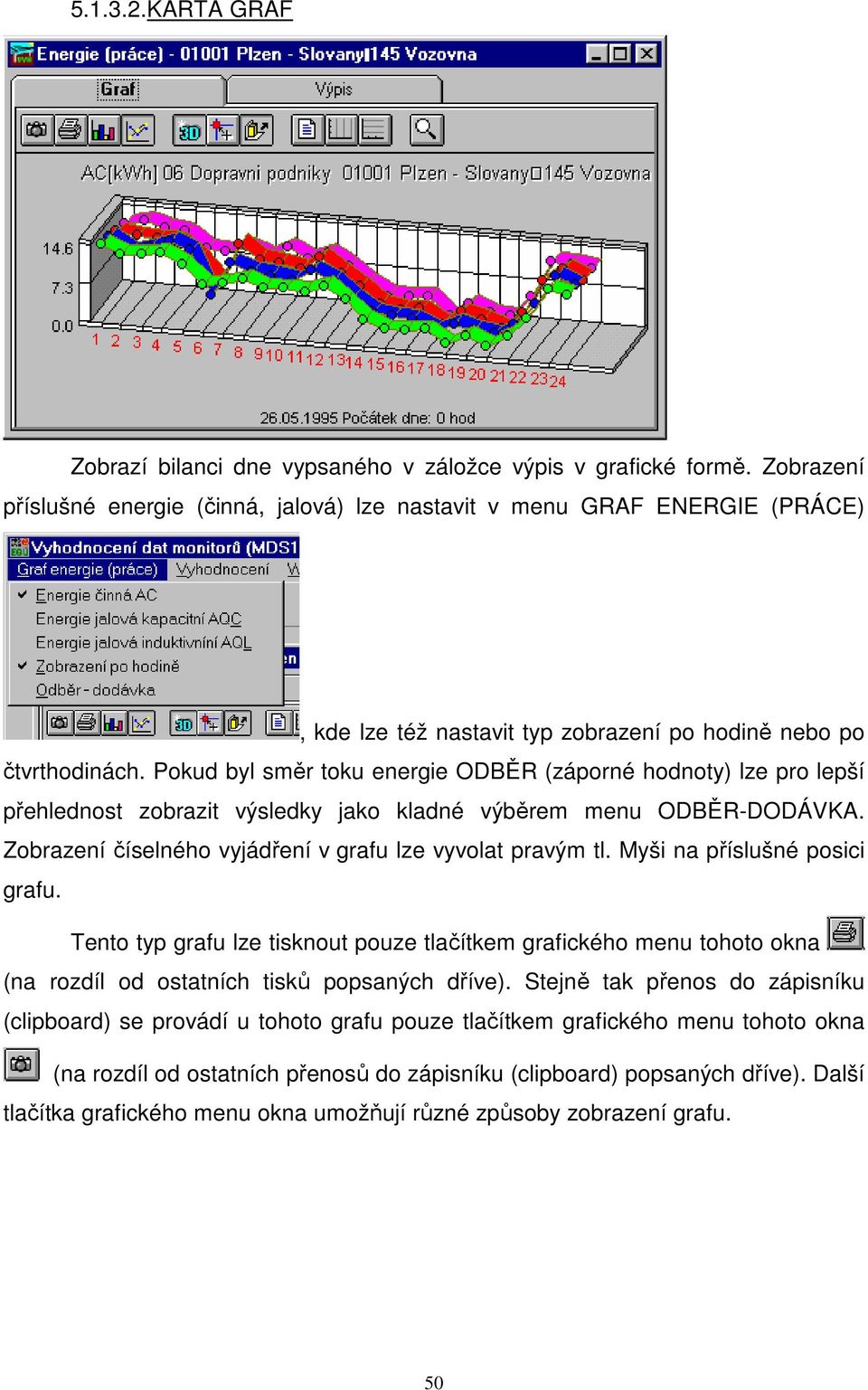 Pokud byl směr toku energie ODBĚR (záporné hodnoty) lze pro lepší přehlednost zobrazit výsledky jako kladné výběrem menu ODBĚR-DODÁVKA. Zobrazení číselného vyjádření v grafu lze vyvolat pravým tl.