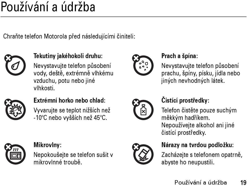 Mikrovlny: Nepokoušejte se telefon sušit v mikrovlnné troubě. Prach a špína: Nevystavujte telefon působení prachu, špíny, písku, jídla nebo jiných nevhodných látek.