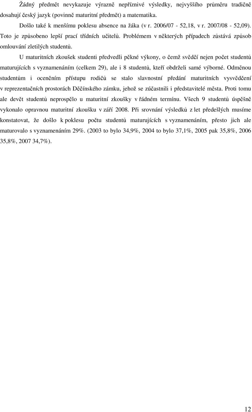 U maturitních zkoušek studenti předvedli pěkné výkony, o čemž svědčí nejen počet studentů maturujících s vyznamenáním (celkem 29), ale i 8 studentů, kteří obdrželi samé výborné.