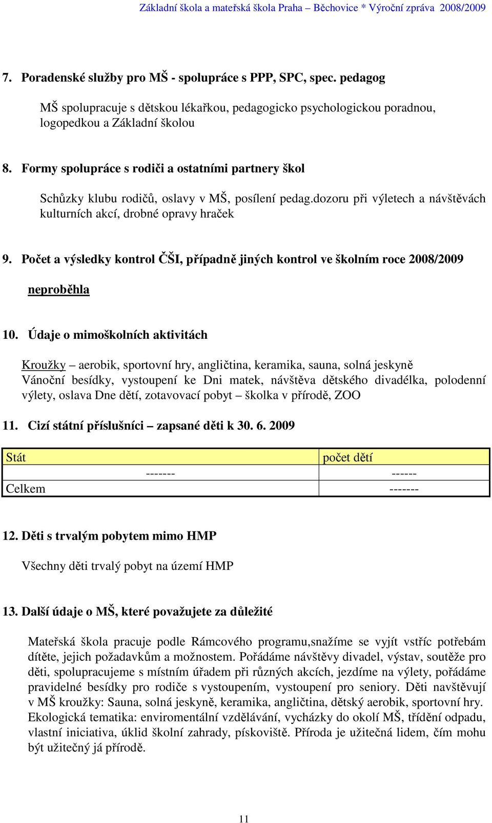 Počet a výsledky kontrol ČŠI, případně jiných kontrol ve školním roce 2008/2009 neproběhla 10.