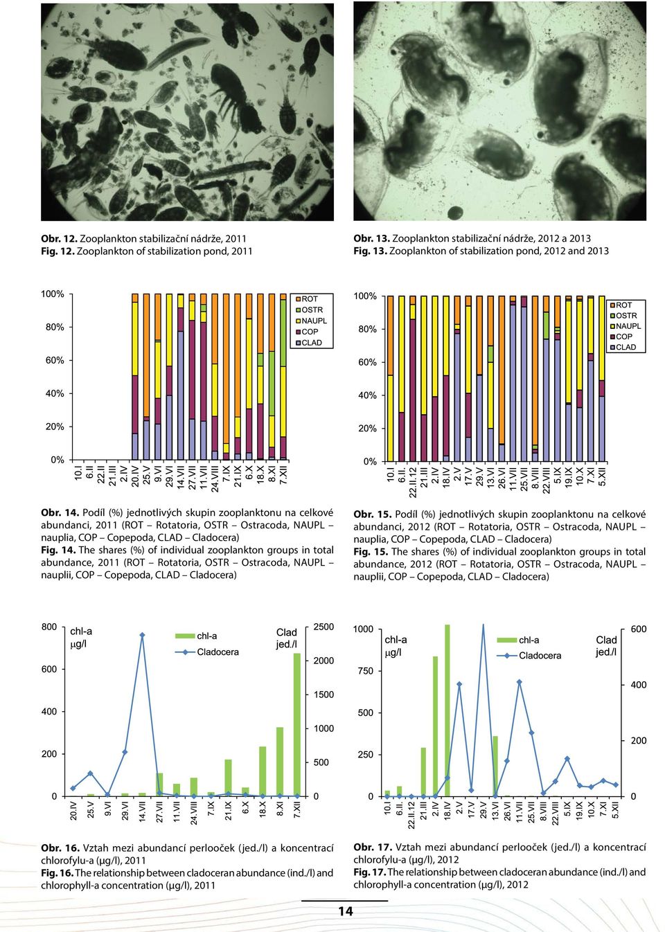 The shares (%) of individual zooplankton groups in total abundance, 2011 (ROT Rotatoria, OSTR Ostracoda, NAUPL nauplii, COP Copepoda, CLAD Cladocera) Obr. 15.