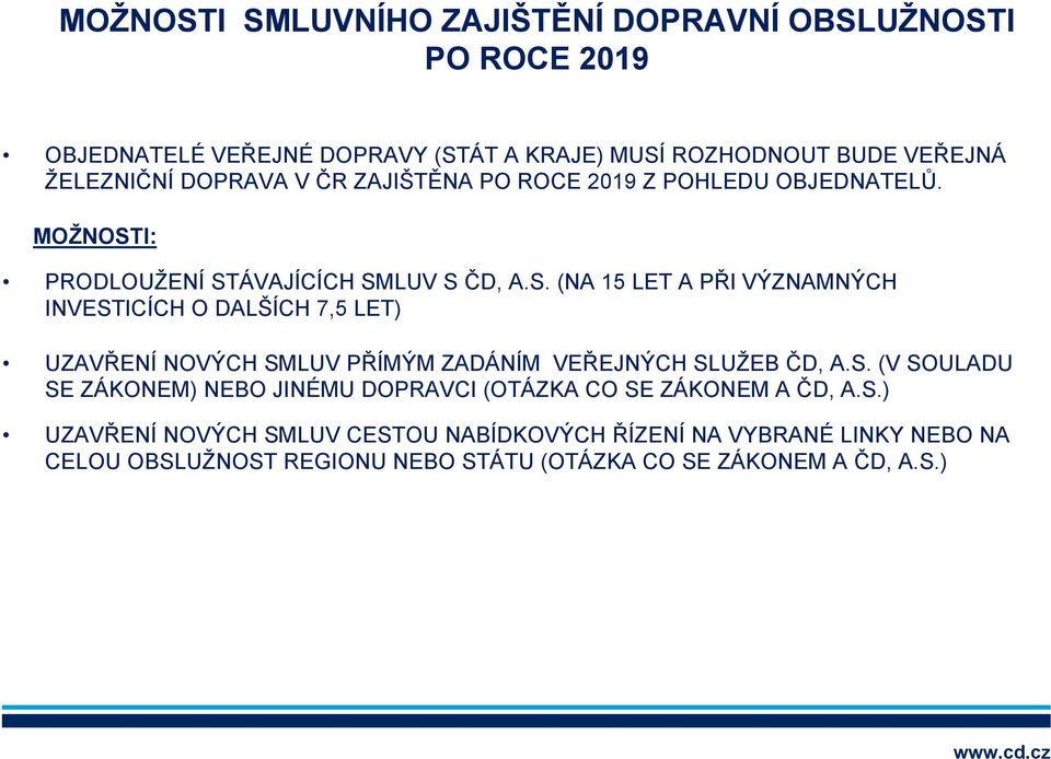 I: PRODLOUŽENÍ STÁVAJÍCÍCH SMLUV S ČD, A.S. (NA 15 LET A PŘI VÝZNAMNÝCH INVESTICÍCH O DALŠÍCH 7,5 LET) UZAVŘENÍ NOVÝCH SMLUV PŘÍMÝM ZADÁNÍM VEŘEJNÝCH SLUŽEB ČD, A.