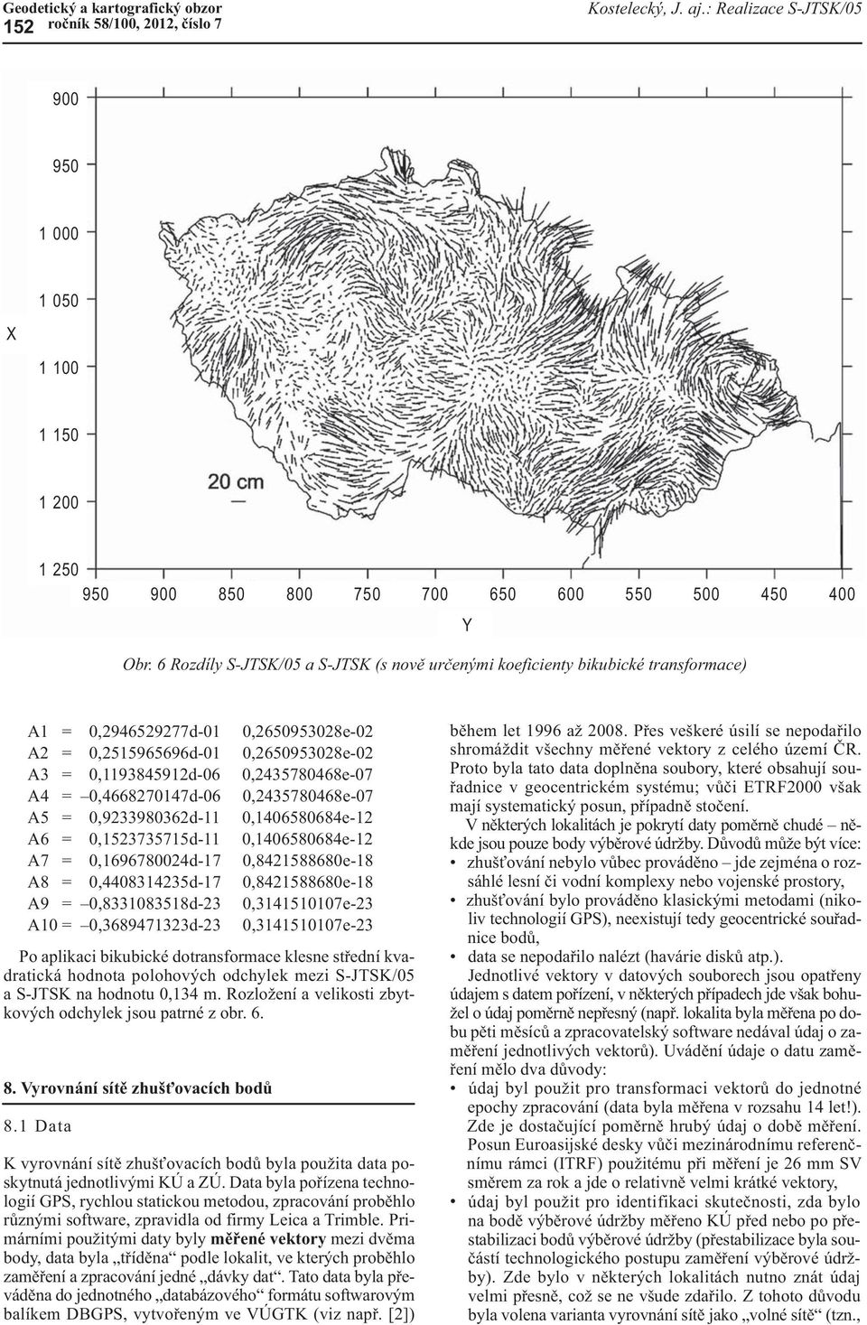 6 Rozdíly S-JTSK/05 a S-JTSK (s nově určenými koeficienty bikubické transformace) A1 = 0,2946529277d-01 A2 = 0,2515965696d-01 A3 = 0,1193845912d-06 A4 = 0,4668270147d-06 A5 = 0,9233980362d-11 A6 =