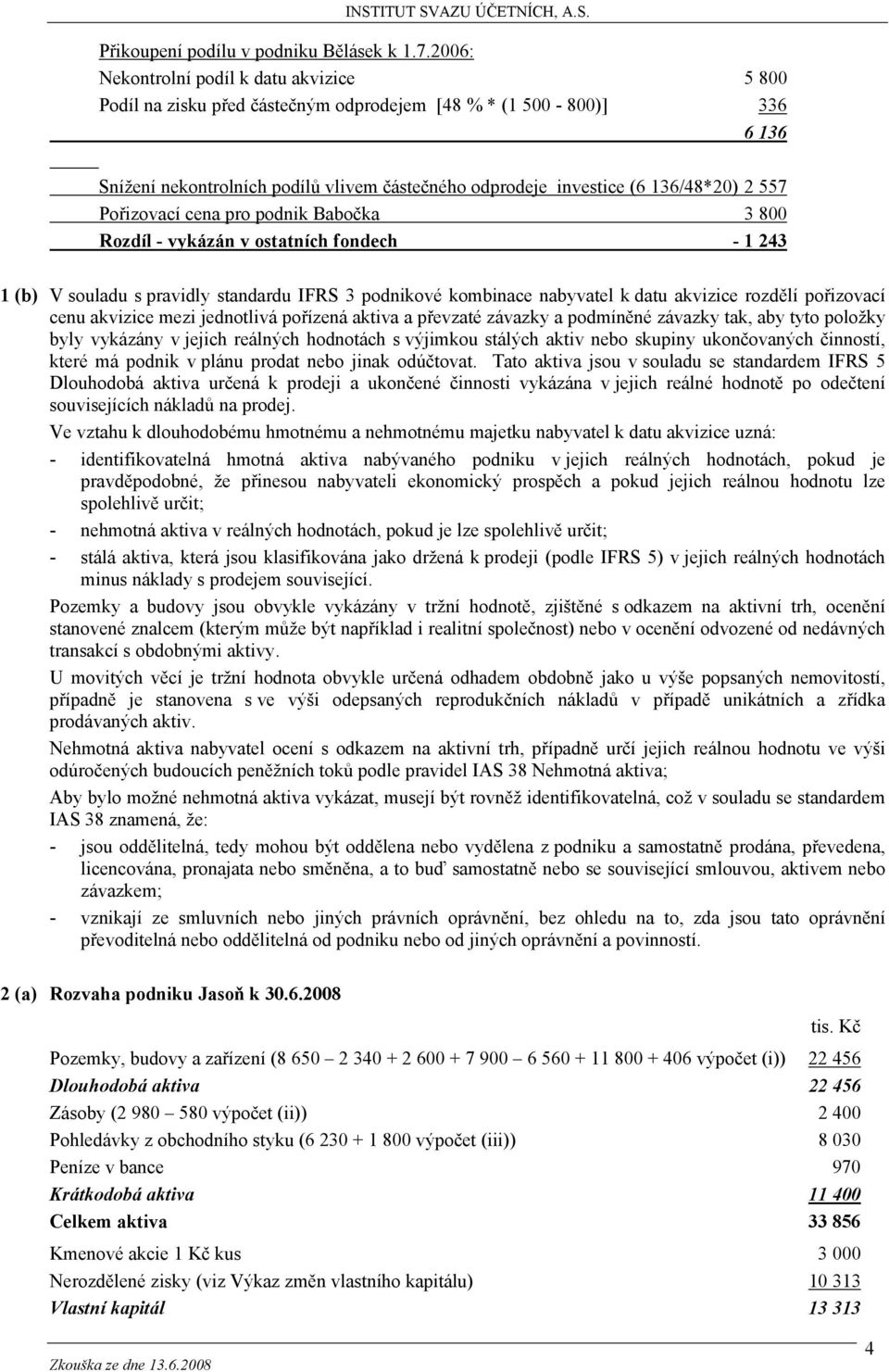 2 557 Pořizovací cena pro podnik Babočka 3 800 Rozdíl - vykázán v ostatních fondech - 1 243 1 (b) V souladu s pravidly standardu IFRS 3 podnikové kombinace nabyvatel k datu akvizice rozdělí