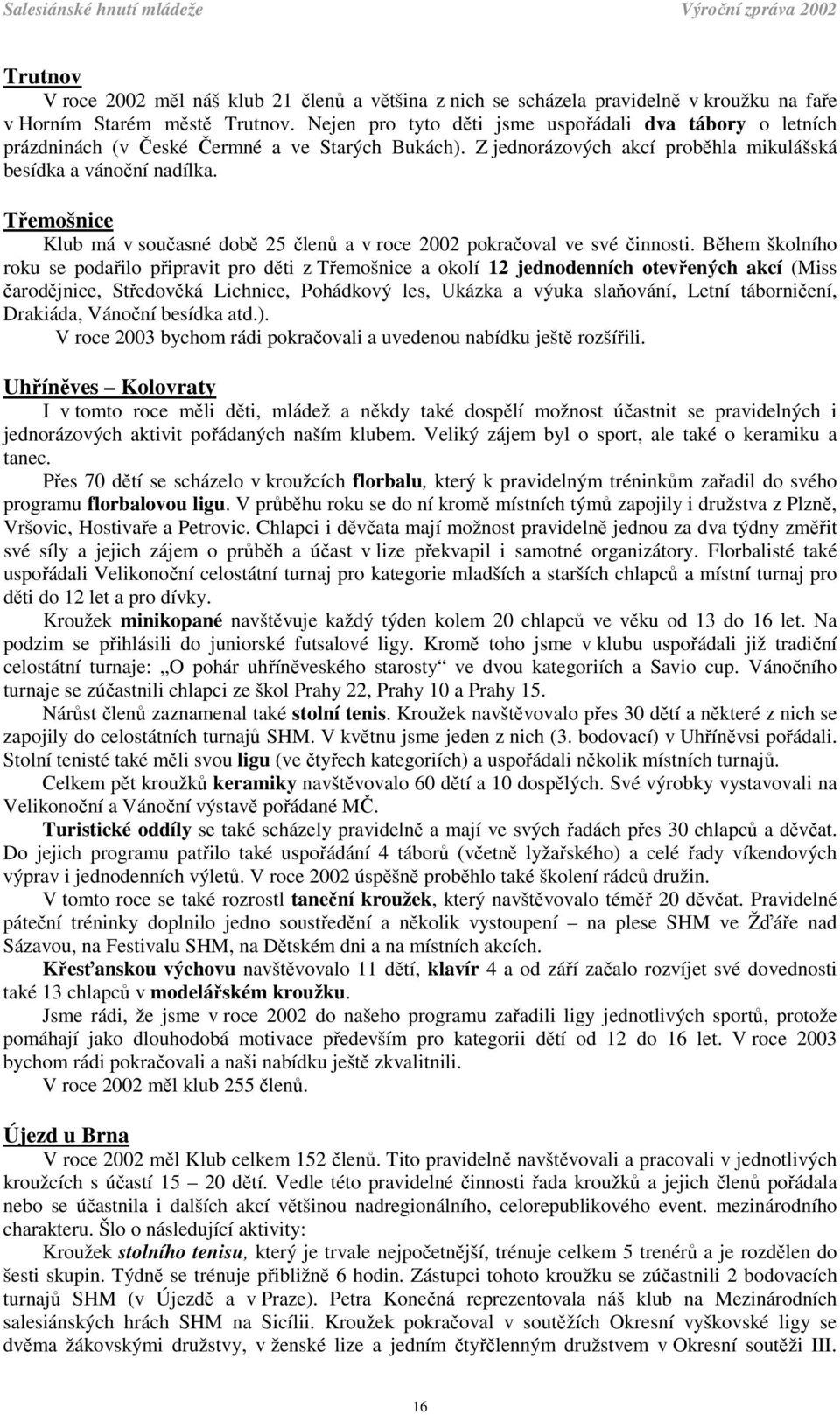 Třemošnice Klub má v současné době 25 členů a v roce 2002 pokračoval ve své činnosti.