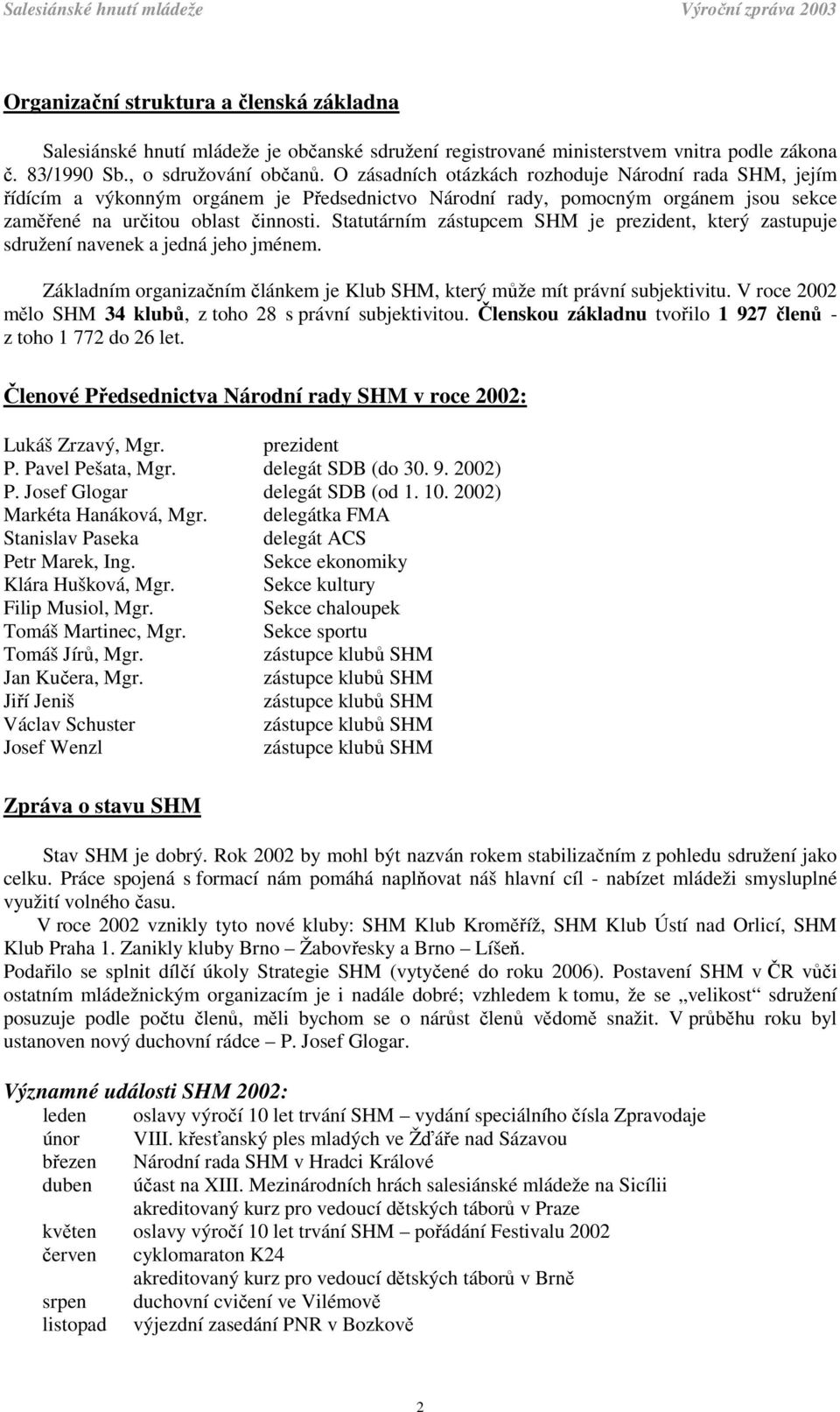 Statutárním zástupcem SHM je prezident, který zastupuje sdružení navenek a jedná jeho jménem. Základním organizačním článkem je Klub SHM, který může mít právní subjektivitu.