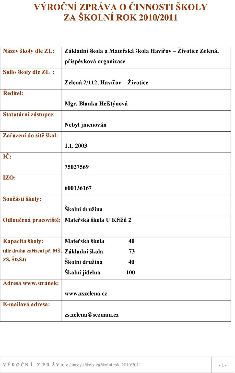 2, Havířov Ţivotice Ředitel: Mgr. Blanka Helštýnová Statutární zástupce: Nebyl jmenován Zařazení do sítě škol: 1.