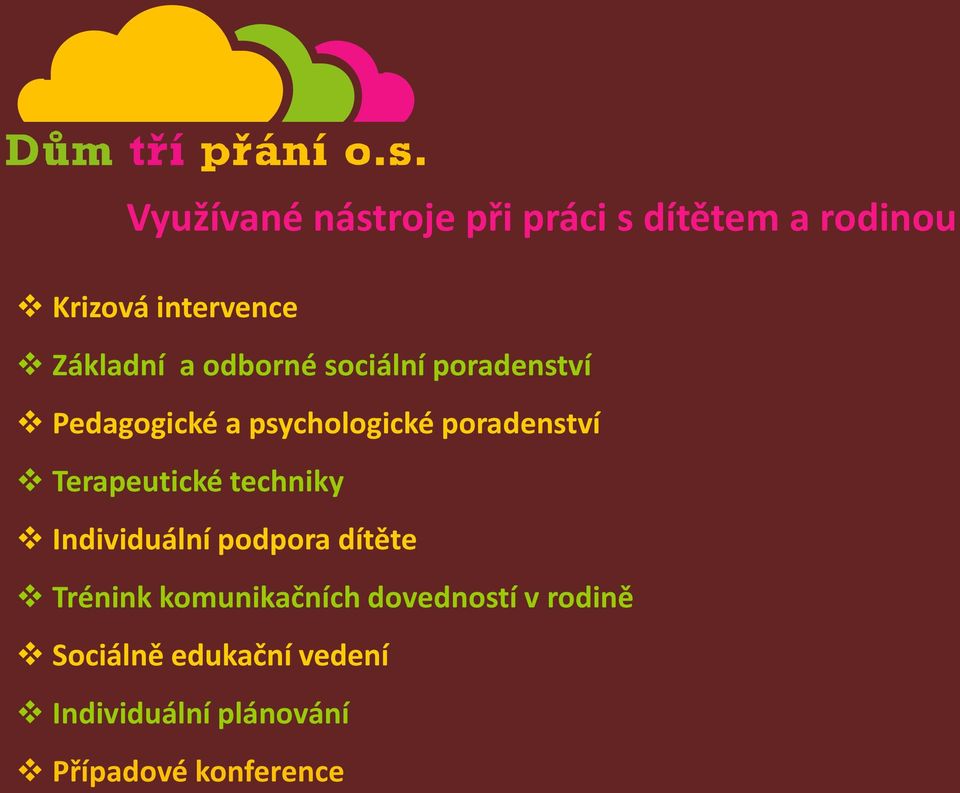 Terapeutické techniky Individuální podpora dítěte Trénink komunikačních