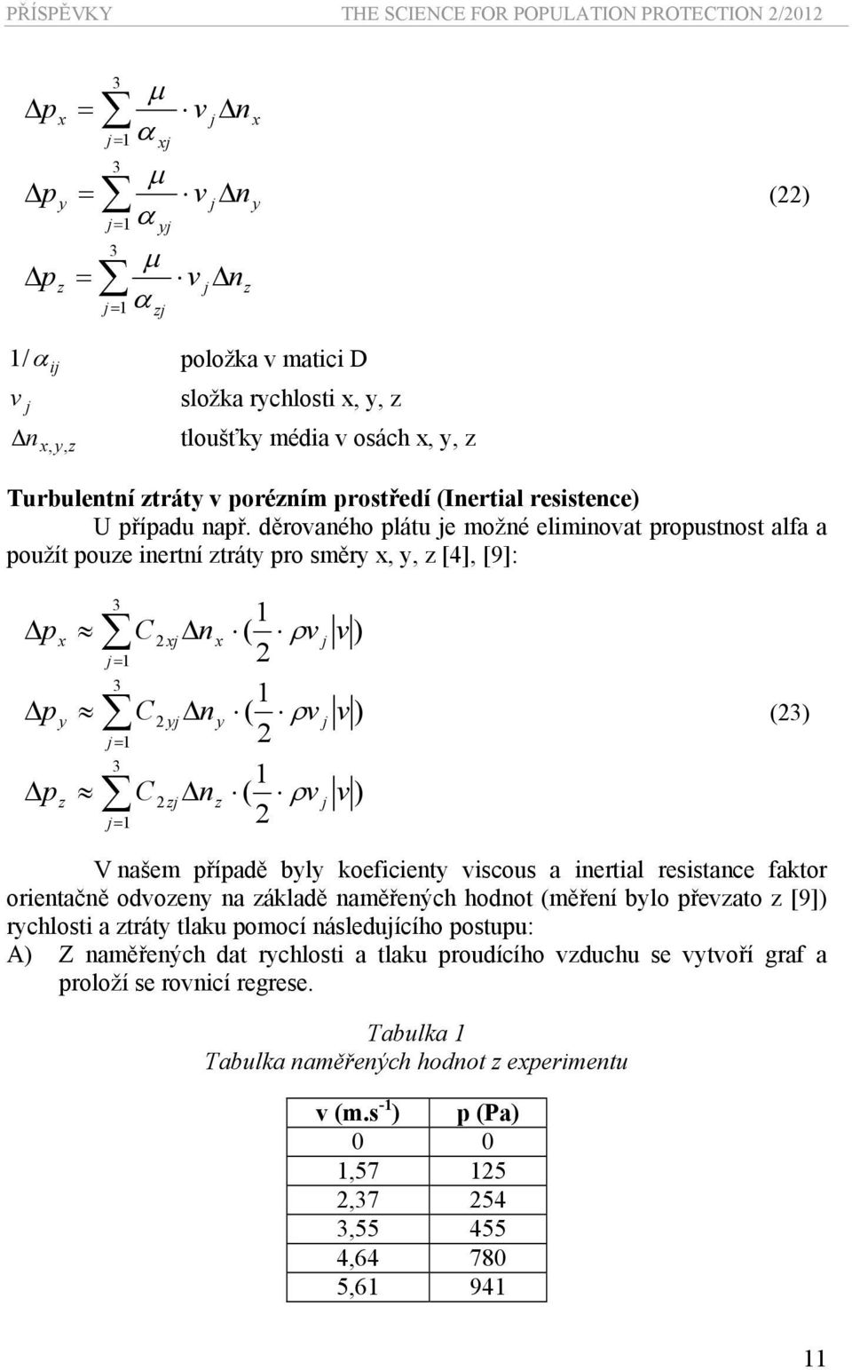 děrovaného plát e možné eliminovat propstnost alfa a požít poze inertní ztráty pro směry, y, z [4], [9]: Δp Δp Δp y z = = = C C C ( ρv ( ρv ( ρv Δn v yδn y v zδnz v ) ) ) () V našem případě byly