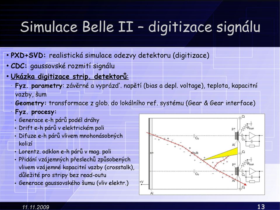 systému (Gear & Gear interface) Fyz. procesy: Generace e-h párů podél dráhy Drift e-h párů v elektrickém poli Difuze e-h párů vlivem mnohonásobných kolizí Lorentz.