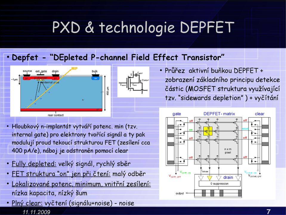 depleted: velký signál, rychlý sběr FET struktura on jen při čtení: malý odběr Průřez aktivní buňkou DEPFET + zobrazení základního principu detekce částic