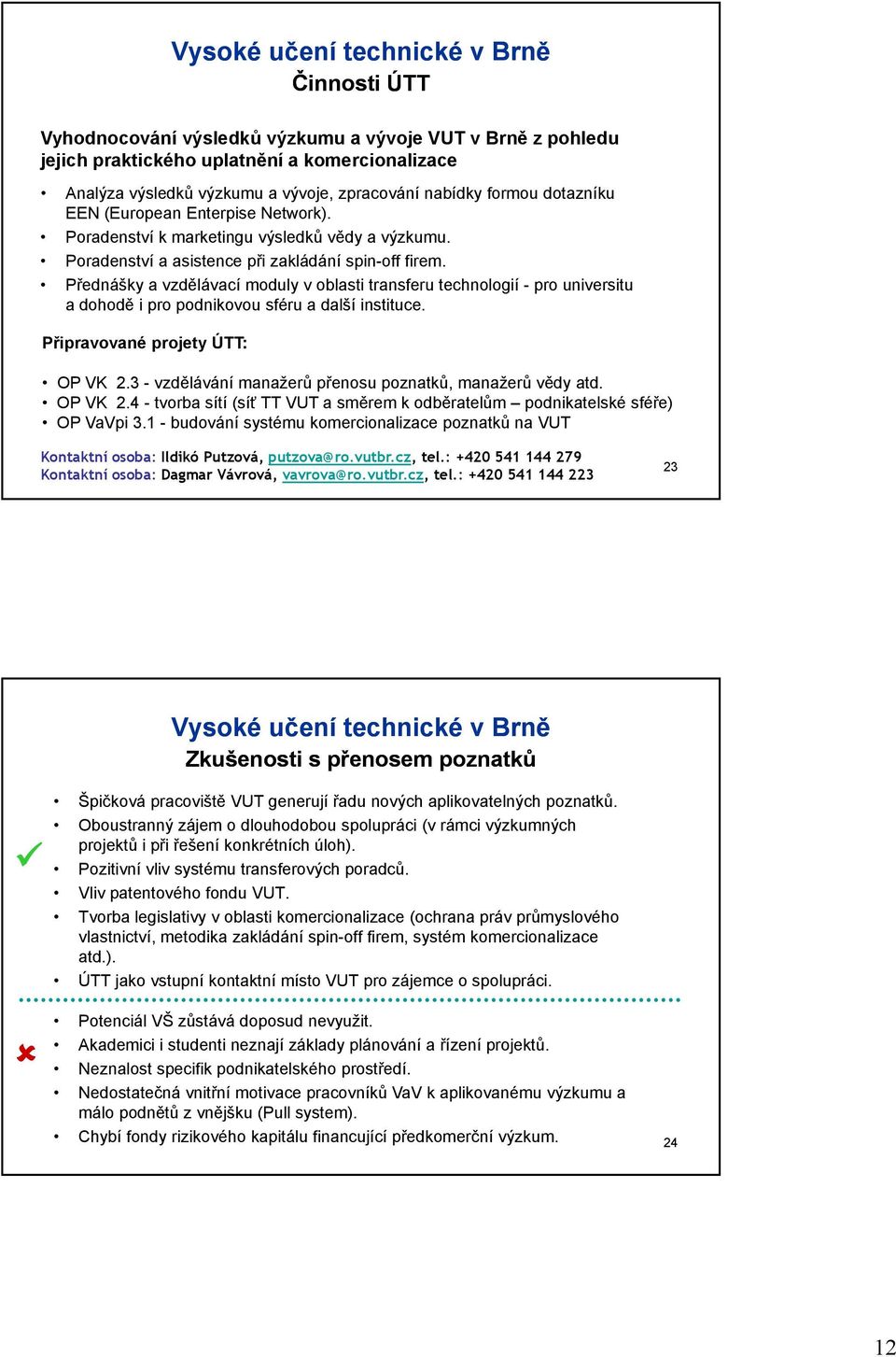 Přednášky a vzdělávací moduly v oblasti transferu technologií - pro universitu a dohodě i pro podnikovou sféru a další instituce. Připravované projety ÚTT: OP VK 2.