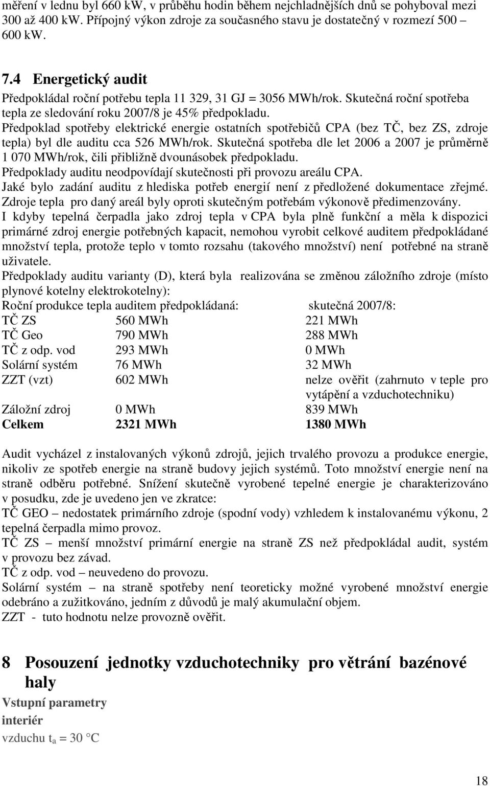 Předpoklad spotřeby elektrické energie ostatních spotřebičů CPA (bez TČ, bez ZS, zdroje tepla) byl dle auditu cca 526 MWh/rok.