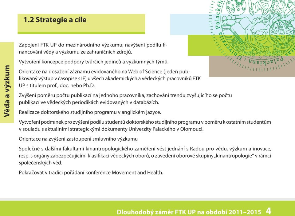 Orientace na dosažení záznamu evidovaného na Web of Science (jeden publikovaný výstup v časopise s IF) u všech akademických a vědeckých pracovníků FTK UP s titulem prof., doc. nebo Ph.D.