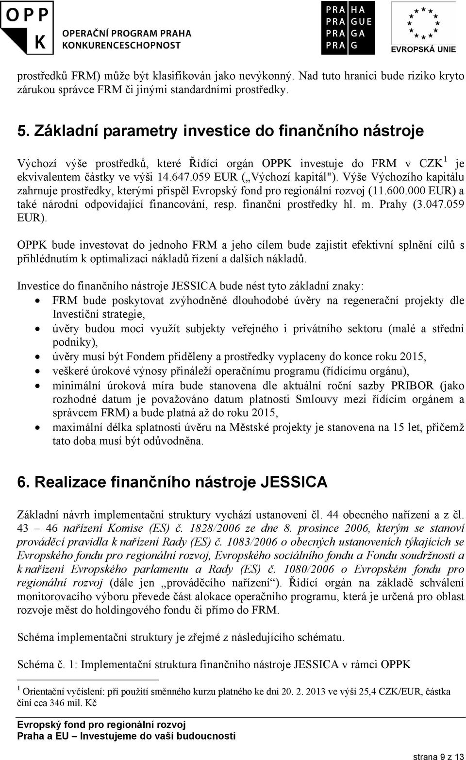 Výše Výchozího kapitálu zahrnuje prostředky, kterými přispěl (11.600.000 EUR) a také národní odpovídající financování, resp. finanční prostředky hl. m. Prahy (3.047.059 EUR).