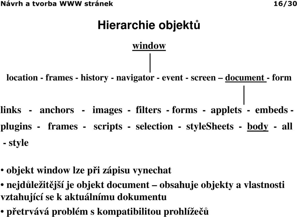 - selection - stylesheets - body - all - style objekt window lze při zápisu vynechat nejdůležitější je objekt