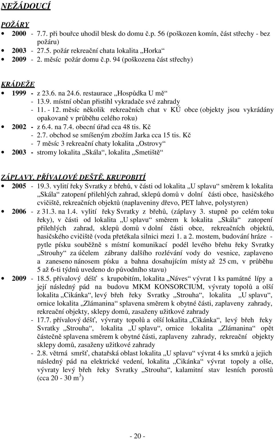 měsíc několik rekreačních chat v KÚ obce (objekty jsou vykrádány opakovaně v průběhu celého roku) 2002 - z 6.4. na 7.4. obecní úřad cca 48 tis. Kč - 2.7. obchod se smíšeným zbožím Jarka cca 15 tis.