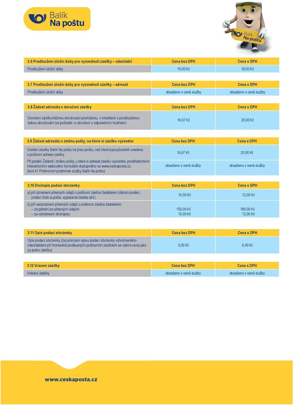 8 Žádost adresáta o doručení zásilky Cena bez DPH Cena s DPH Doručení zásilky běžnou doručovací pochůzkou, v lokalitách s prodlouženou dobou doručování lze požádat i o doručení v odpoledních hodinách.